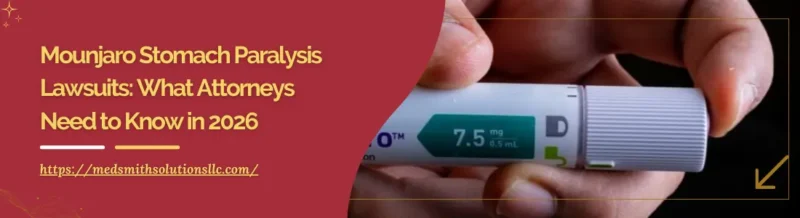 Close-up of a hand holding a 7.5 mg insulin pen alongside text about Mounjaro stomach paralysis lawsuits for attorneys in 2026.