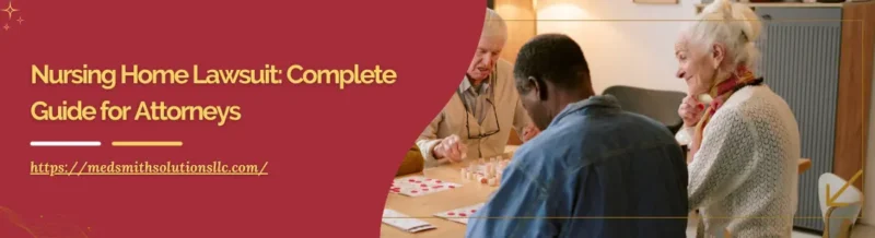 Two people seated at a table in a cozy room, with text about a nursing home lawsuit guide for attorneys on a red background.