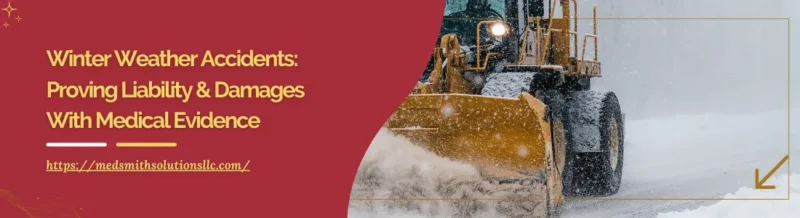 Snowplow clearing a snowy road during winter weather conditions with text about proving liability and damages in winter weather accidents.