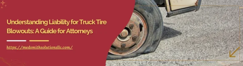 Close-up of a flat truck tire on a road beside a red hydraulic jack, illustrating truck tire blowouts liability for attorneys.