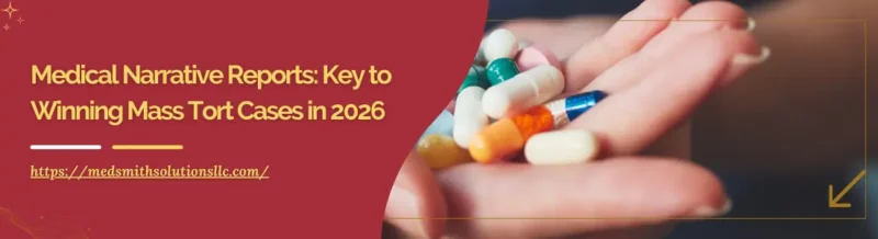 Close-up of a hand holding various colorful pills beside text about medical narrative report for mass tort cases in 2026.